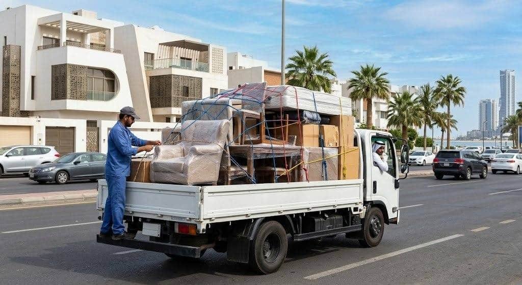 فريق عمل محترف يقوم بتغليف ونقل الأثاث بعناية فائقة ضمن خدمات نقل عفش حي الواحة لضمان حماية الممتلكات ووصولها بأمان تام وبدون أي خدوش.
