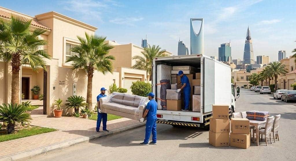 فريق عمل محترف يقوم بفك وتغليف ونقل الأثاث بأمان وعناية ضمن خدمات نقل عفش حي الأندلس لضمان راحة وسلامة ممتلكات العملاء.
