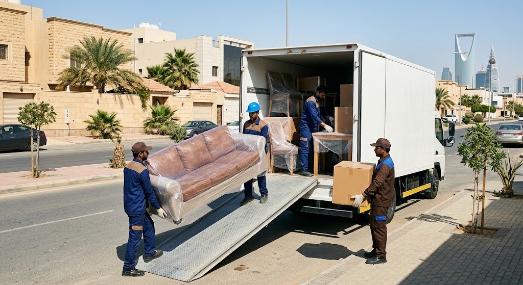 فريق متخصص يقوم بفك وتغليف ونقل العفش بأمان واحترافية ضمن خدمات نقل عفش حي الزهراء بجدة