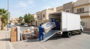 فريق عمل محترف يقوم بفك وتغليف ونقل الأثاث بعناية ضمن خدمات نقل عفش حي الأندلس بجدة لضمان حماية المنقولات وسلامتها.
